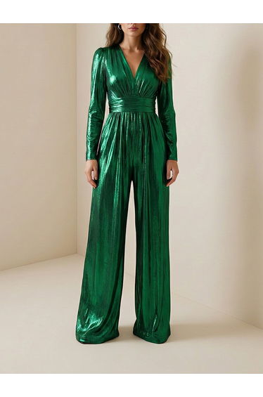 High Waisted Three-Quarter Sleeves Shiny Solid Color Deep V-Neck Jumpsuits Bottoms