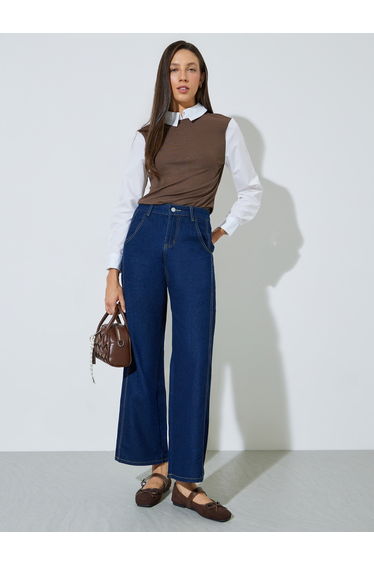 Dark Blue Mid Rise Wide Leg Jeans