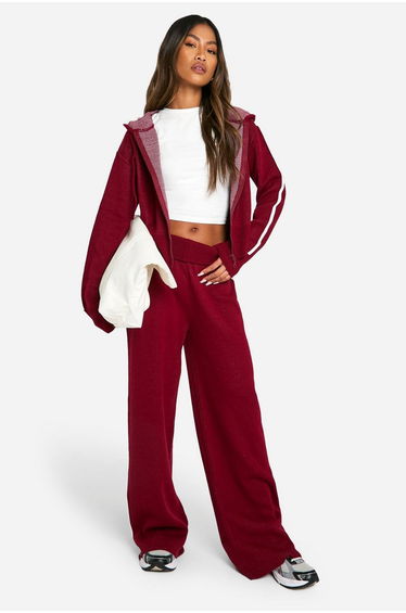 Stripe Detail Knitted Hoody And Waist Detail Flared Trouser - burgundy