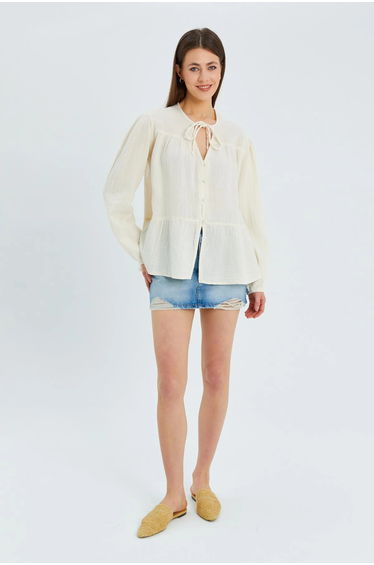 Mixray Long Sleeve Relaxed Fit Blouse with Tie-Neck