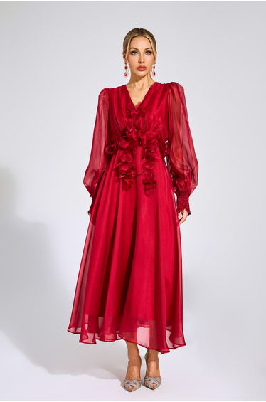 Steele Red Flower Satin Midi Dress