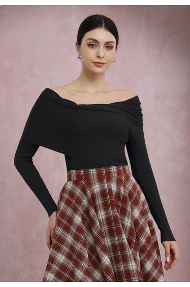 Soft Elegance Off-Shoulder Flap Knit Top in Black