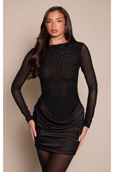 Black Mesh Long Sleeve Satin Drape Mini Dress