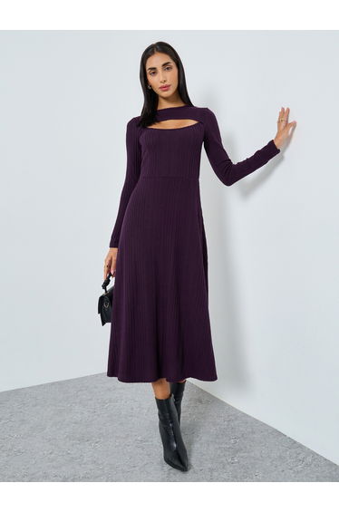 Purple Ribbed Knit Midi Dress with Cutout