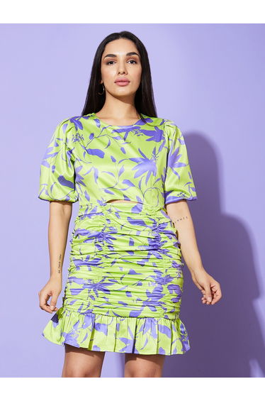 Globus Women Green Floral Print Ruched Sheath Mini Dress