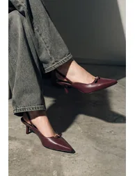 Burgundy Buckle Detailed 4.5 cm Women's Classic Heeled Shoes