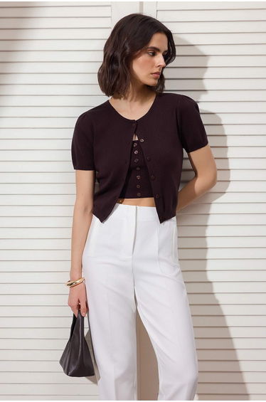 Brown Basic Blouse-Cardigan Set Knitwear Cardigan