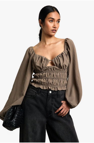 Woven Shirred Cut Out Long Sleeve Top - khaki