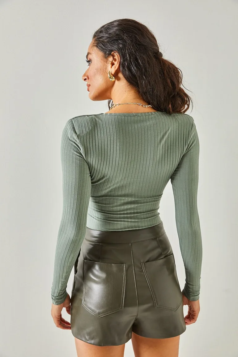Women's Aqua Green Deep V-Neck Waistband Six Studs Lycra Bodysuit - 7