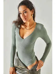 Women's Aqua Green Deep V-Neck Waistband Six Studs Lycra Bodysuit - 6