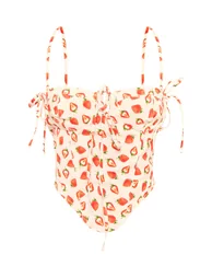 Petite White Denim Strawberry Printed Corset Top - 4