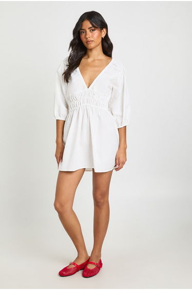 Linen Look Volume Sleeve Shirred Skater Dress - ivory