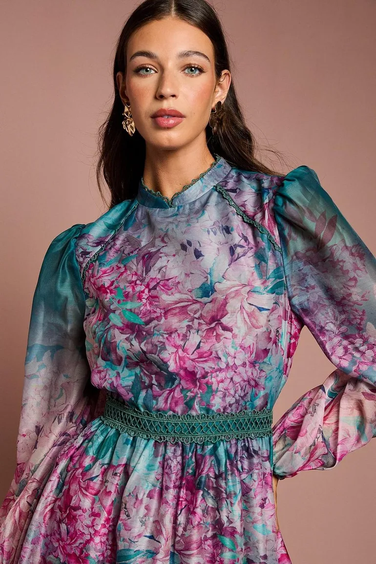 Long Sleeve Organza Mini Dress With Floral Print - 2