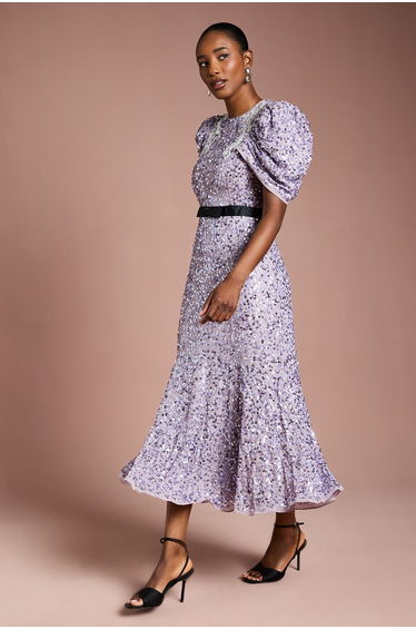Sequin Embellished Puff Sleeve Midi Dress
