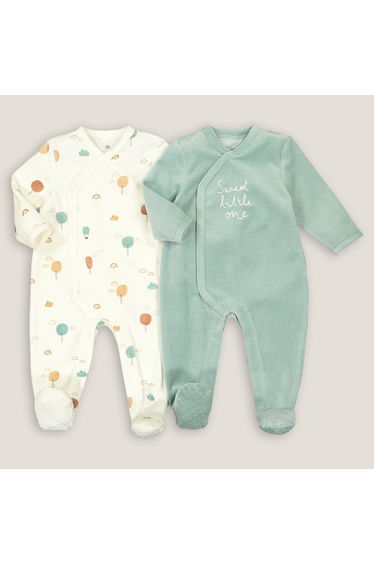 Pack of 2 Velour Sleepsuits in Cotton Mix, Prem