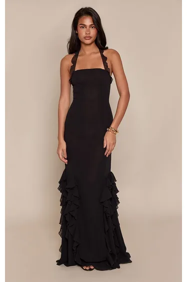 Black Chiffon Frill Halterneck Maxi Dress