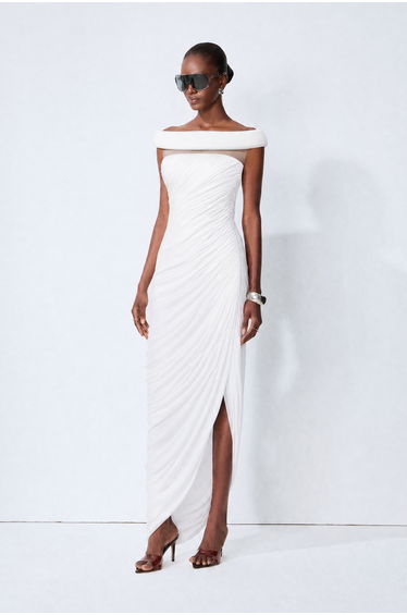 Monaco Mood White Off Shoulder Asymmetric Maxi Dress
