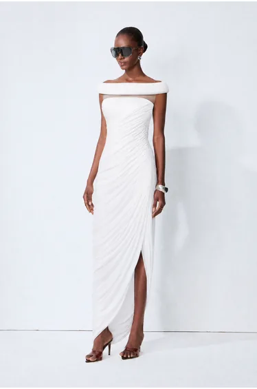 Monaco Mood White Off Shoulder Asymmetric Maxi Dress
