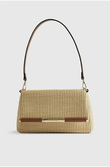 Beige Raffia Bar Front Shoulder Bag