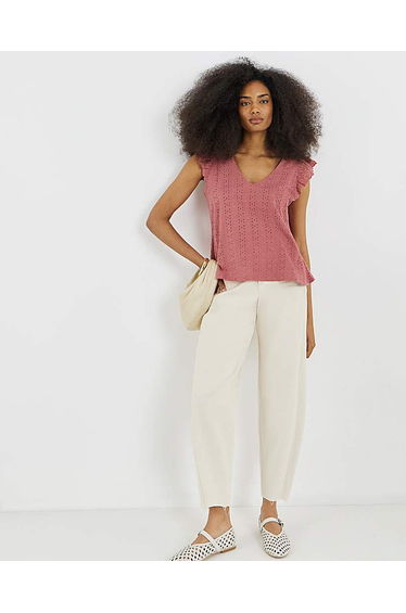 V Neck Ruffle Sleeve Broderie Top