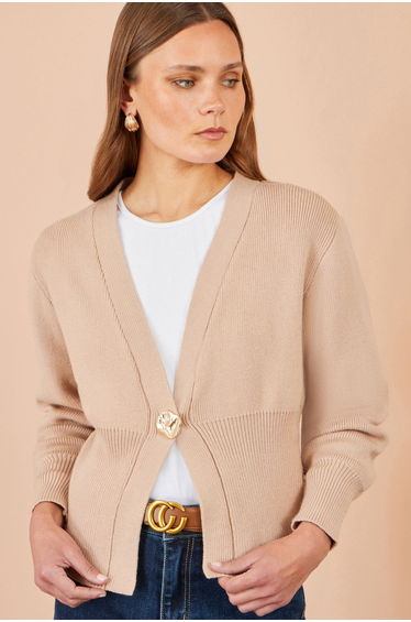 Yumi Beige Knitted Button Cardigan