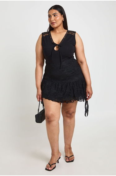 Plus Lace Trim Tie Keyhole Bodysuit - black
