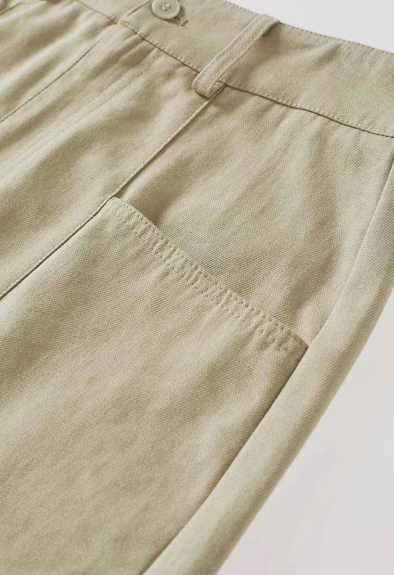 Seam Detail Front Pockets Wide-Leg Cotton Pants in Light Khaki for Everyday Wear & Errands - 4