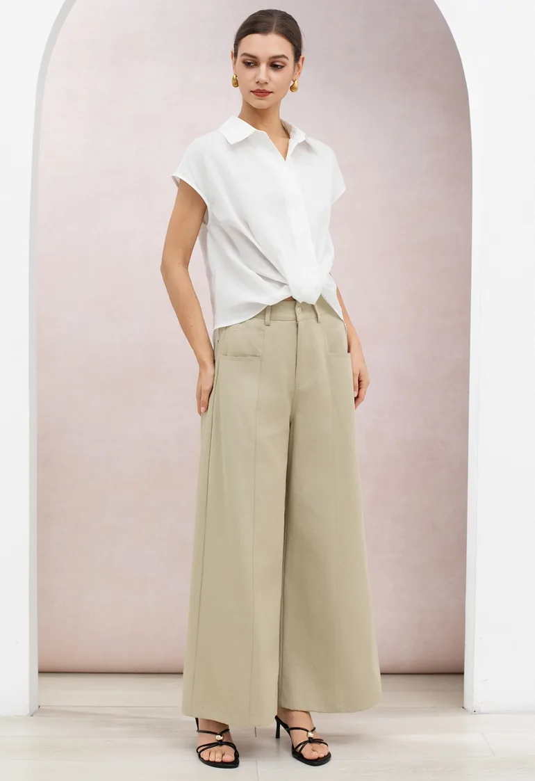 Seam Detail Front Pockets Wide-Leg Cotton Pants in Light Khaki for Everyday Wear & Errands