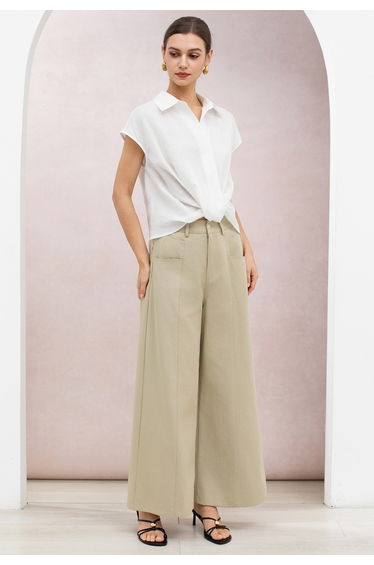 Seam Detail Front Pockets Wide-Leg Cotton Pants in Light Khaki for Everyday Wear & Errands
