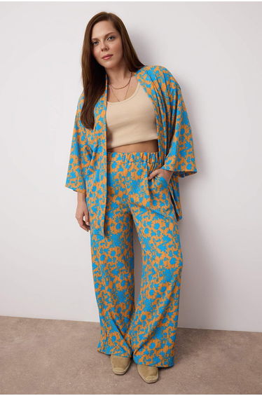 Orange Printed Relaxed Cut Flexible Kimono Knitted Plus Size Top-Bottom Set
