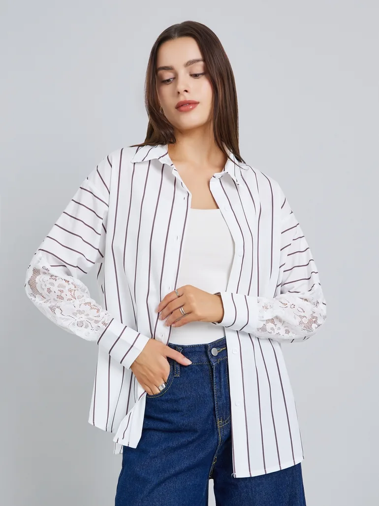 Women White Striped Oversized Shirt with Lace Sleeves