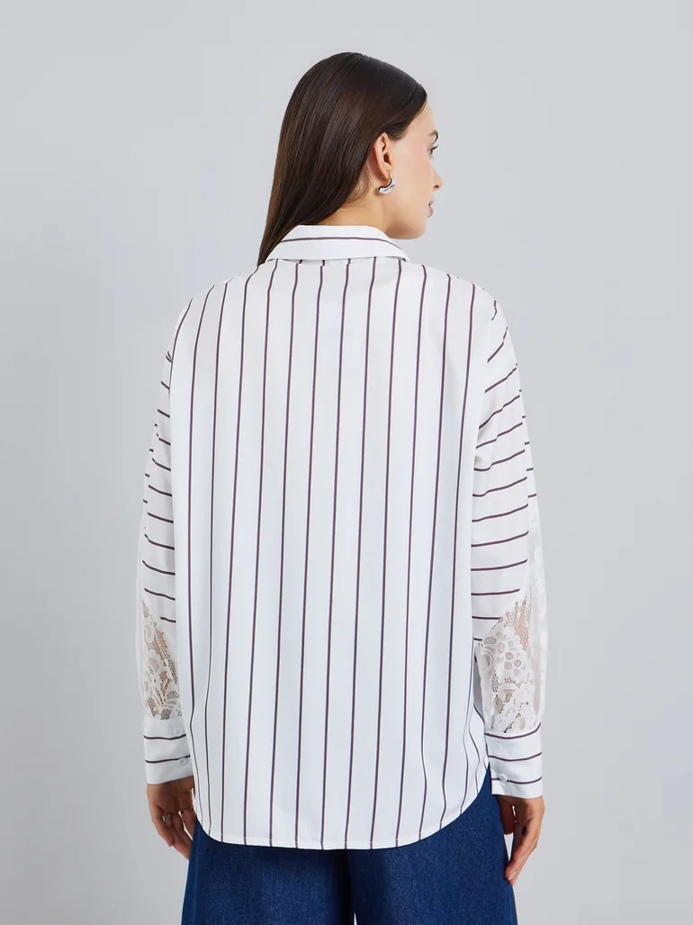Women White Striped Oversized Shirt with Lace Sleeves - 4