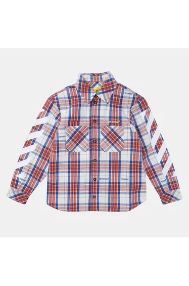 Boy's Off White Juniors Helvetica Diagonal Check Flannel Shirt in White