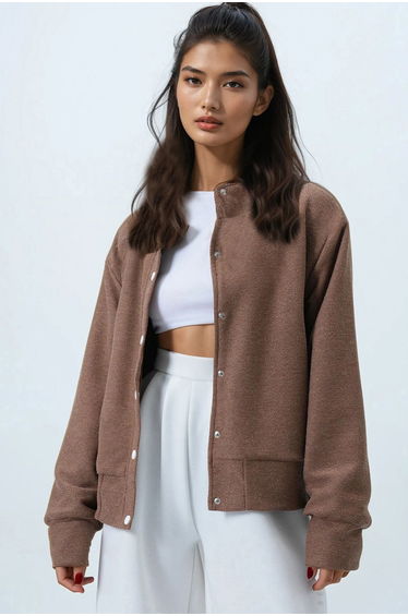 Women's Brown Soft Textured Double Pocket Bomber Jacket with Fleece Inside