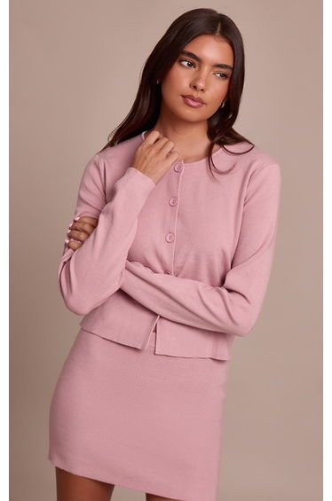 Pink Compact Knit Collarless Cardigan