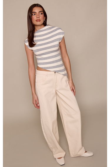 Grey Striped Asymmetric Hem Slouchy Striped Knitted Top