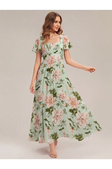 ever AVIEL|Ruched Chiffon Ruffle Sleeve Bridesmaid Dress