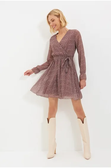 Brown Double Breasted Woven Dress
