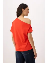Red Regular/Normal Fit Boat Neck Short Sleeve 24/1 Combed Single Jersey Knitted T-Shirt - 3