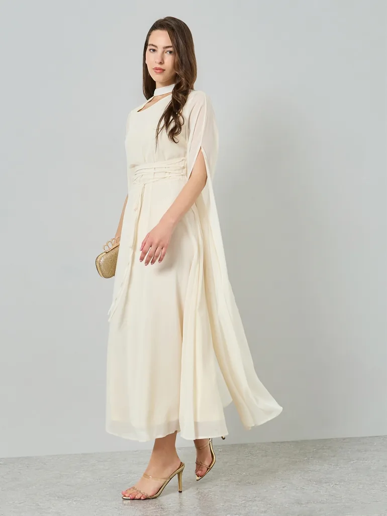 cream long dress women Glam Cream Dress - Maxi Dress - Wrap Dress - Long Sleeve Dress