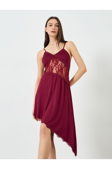 Burgundy Lace Trim Asymmetric Slip Dress