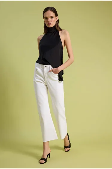 White High Waist Medium Stretch Crop Flare Jeans with Cut-Off Legs