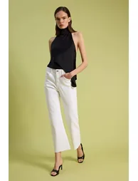 White High Waist Medium Stretch Crop Flare Jeans with Cut-Off Legs