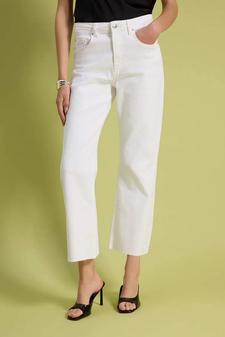 White High Waist Medium Stretch Crop Flare Jeans with Cut-Off Legs - 2