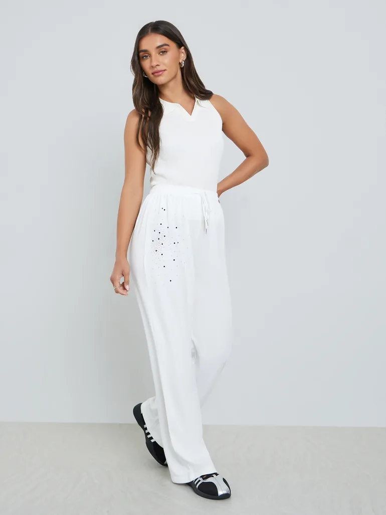 Women White Rhinestone Wide-Leg Joggers