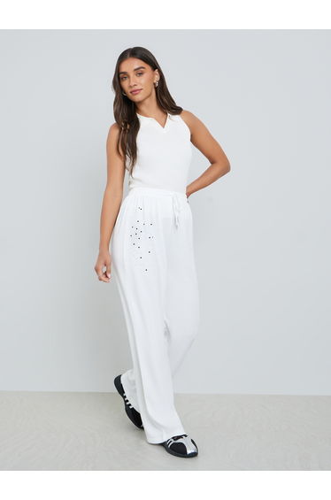 Women White Rhinestone Wide-Leg Joggers