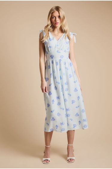 Blue Shell Drawstring Shoulder V Neck Midi Dress