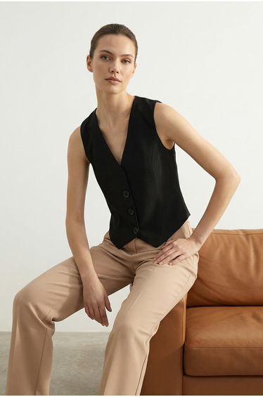 Black Premium Woven Vest with Buttons