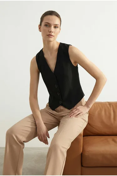 Black Premium Woven Vest with Buttons