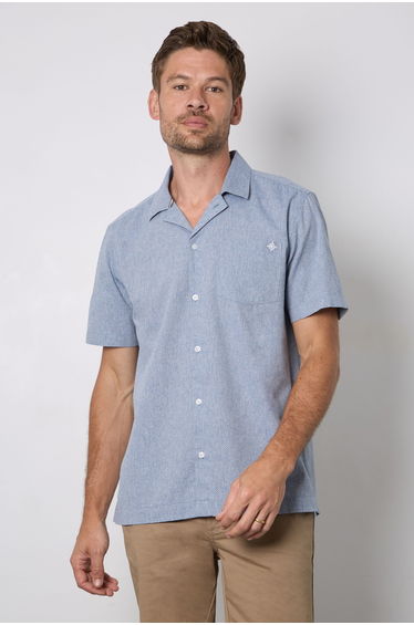 Navy Textured Short Sleeve Revere Collar Shirt